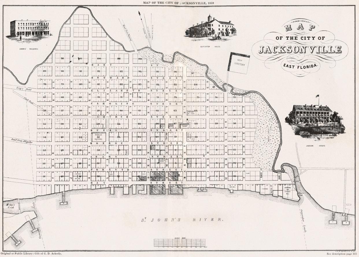 An 1859 map of Jacksonville shows how the city had begun to grow from its original eight blocks in 1822.