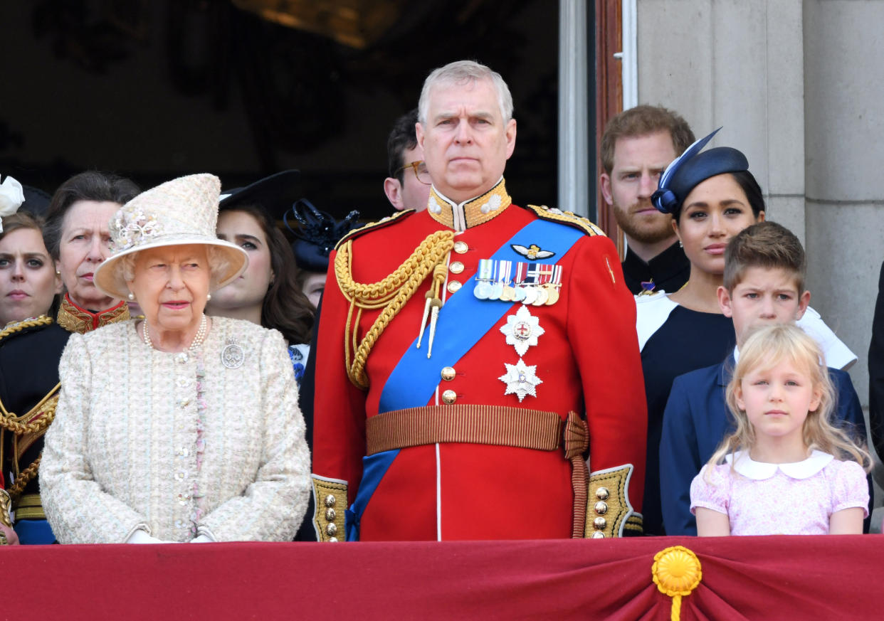 The Queen and Prince Andrew pictured on the balcony for Trooping the Colour 2019, while Prince Harry and Meghan Markle stand behind them