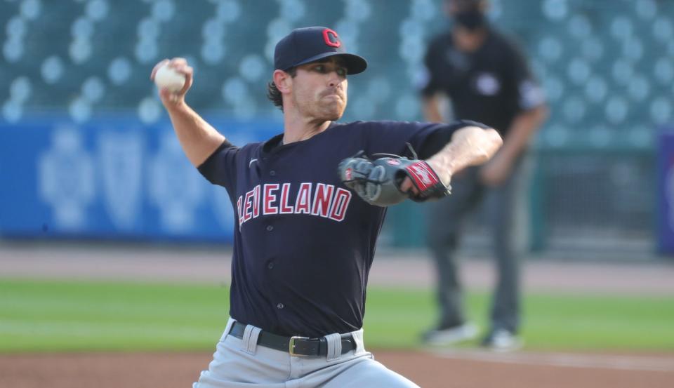 Cleveland Indians starting pitcher Shane Bieber pitches against the Detroit Tigers during the first inning at Comerica Park,Saturday, August 15, 2020.