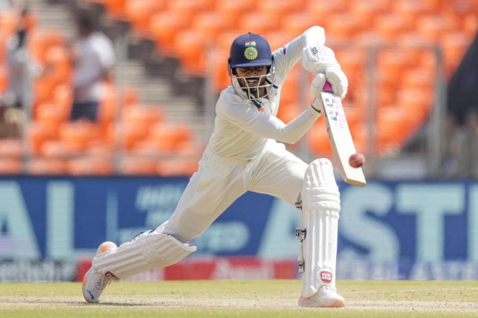 India's Srikar Bharat plays a shot during the fourth day of the fourth cricket test match between India and Australia in Ahmedabad, India, Sunday, March 12, 2023. (AP Photo/Ajit Solanki)