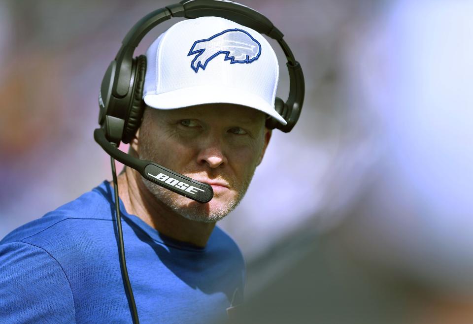 Buffalo Bills head coach Sean McDermott watches from the sideline in the first half of an NFL football game against the New England Patriots, Sunday, Sept. 29, 2019, in Orchard Park, N.Y. (AP Photo/Adrian Kraus)