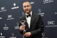 Danish soccer player Christian Eriksen poses after he was presented the award for comeback of the year at the Laureus Sports Awards ceremony in Paris, Monday, May 8, 2023. (AP Photo/Lewis Joly)