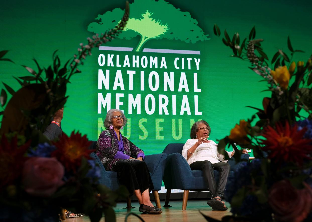 Joyce Henderson, left, and Marilyn Luper Hildreth talk during a panel discussion on Wednesday at the Oklahoma City National Memorial & Museum's "Day One Luncheon" at the National Cowboy & Western Heritage Museum.