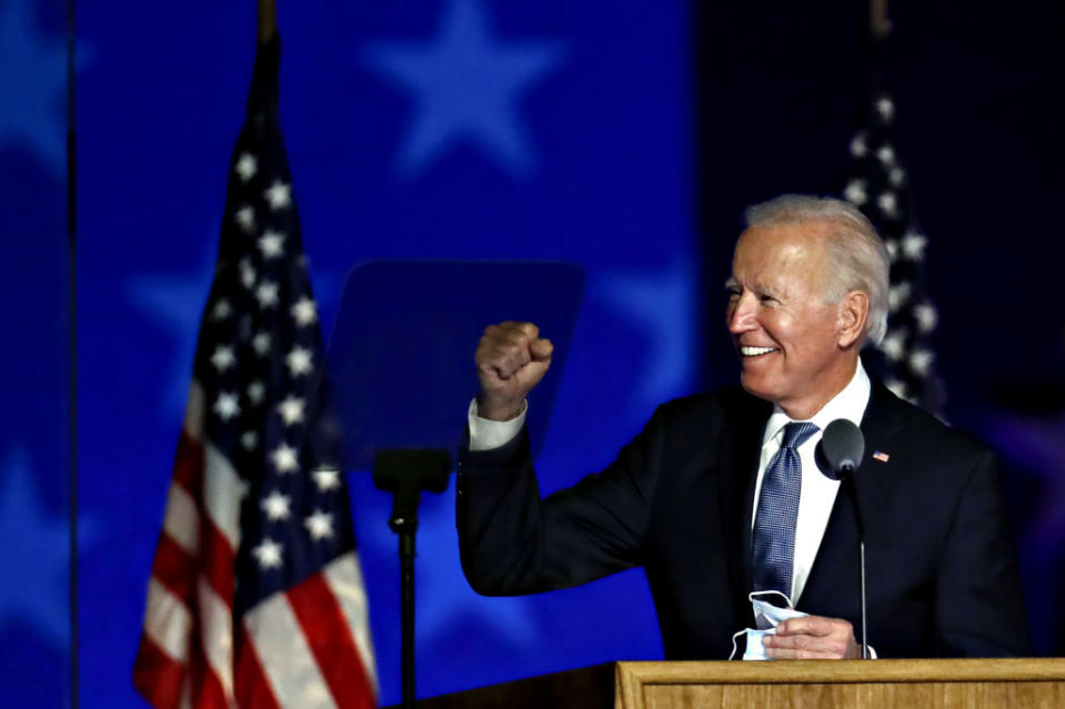 Joe Biden, 2020 Democratic presidential nominee, gestures while arriving during an election night party in Wilmington, Delaware.