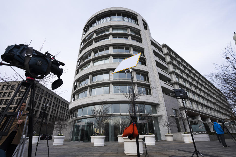 FILE - The building that housed office space of President Joe Biden's former institute, the Penn Biden Center, is seen at the corner of Constitution and Louisiana Avenue NW, in Washington, Jan. 10, 2023. The discovery of classified documents at an office Biden used during his brief time outside government has thrust his namesake think tank into an unwelcome spotlight. The Penn Biden Center for Diplomacy and Global Engagement was a landing spot for the president after he left the vice presidency in 2017. (AP Photo/Manuel Balce Ceneta, File)