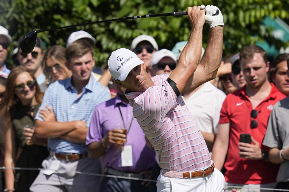 Billy Horschel drives from the 15th tee during the third round of the Memorial golf tournament Saturday, June 4, 2022, in Dublin, Ohio. (AP Photo/Darron Cummings)