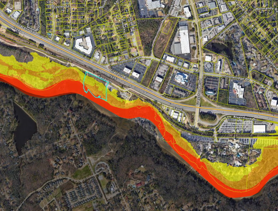 A map showing the location of the PickleGarden on the River project along with the floodplains abutting the site.