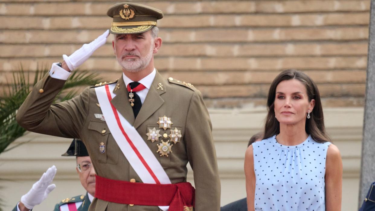  Queen Letizia joined King Felipe for the patriotic ceremony in which their daughter, Leonor, saluted the flag. 