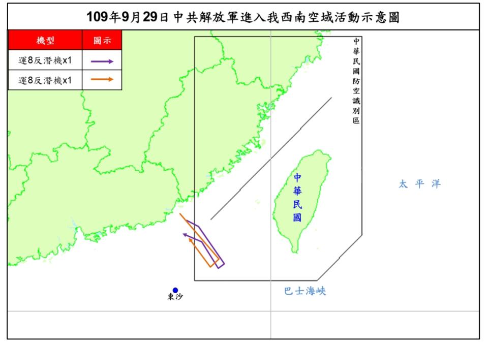 上個月29日，共軍2架次運8反潛機侵犯台灣西南防空識別區。（圖／國防部提供）