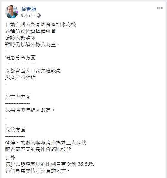 醫師蔡賢龍指出，發燒、咳嗽、喉嚨癢痛為新冠肺炎前3大症狀。（圖／翻攝自蔡賢龍臉書）