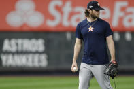 Houston Astros' Game 3 starting pitcher Gerrit Cole leaves the field after a brief workout, Monday, Oct. 14, 2019, at Yankee Stadium in New York on an off day during the American League Championship Series against the New York Yankees. (AP Photo/Kathy Willens)