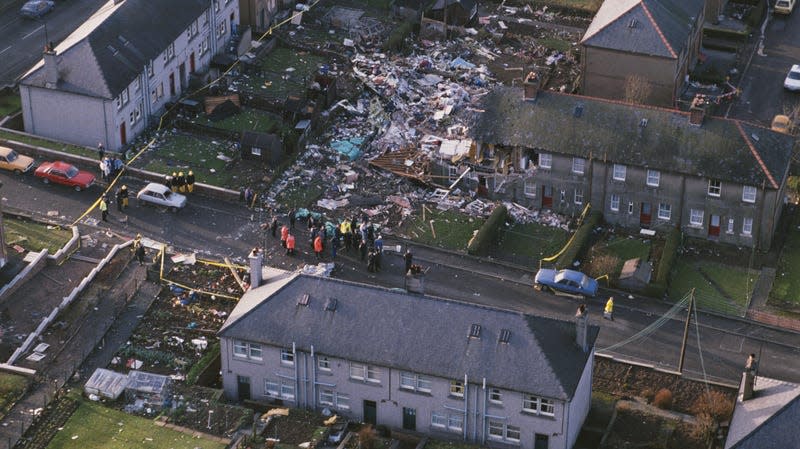 Some of the wreckage of Pan Am Flight 103 after it crashed onto the town of Lockerbie in Scotland, on December 21, 1988