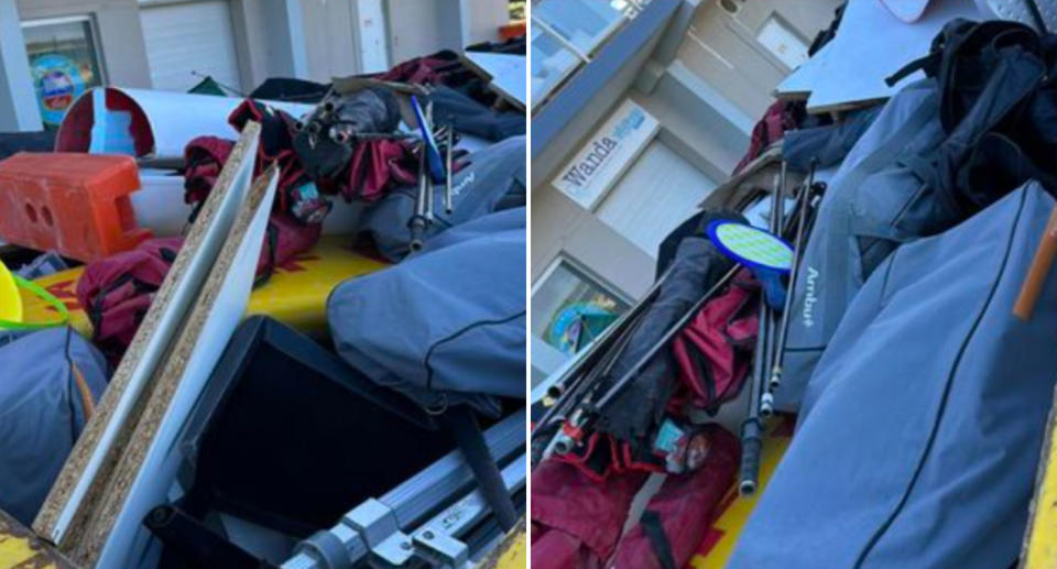 Fold-out chairs, tents, surf boards, trestle tables and beach play gear in the skip collection outside the Wanda Beach Surf Life Saving Club.