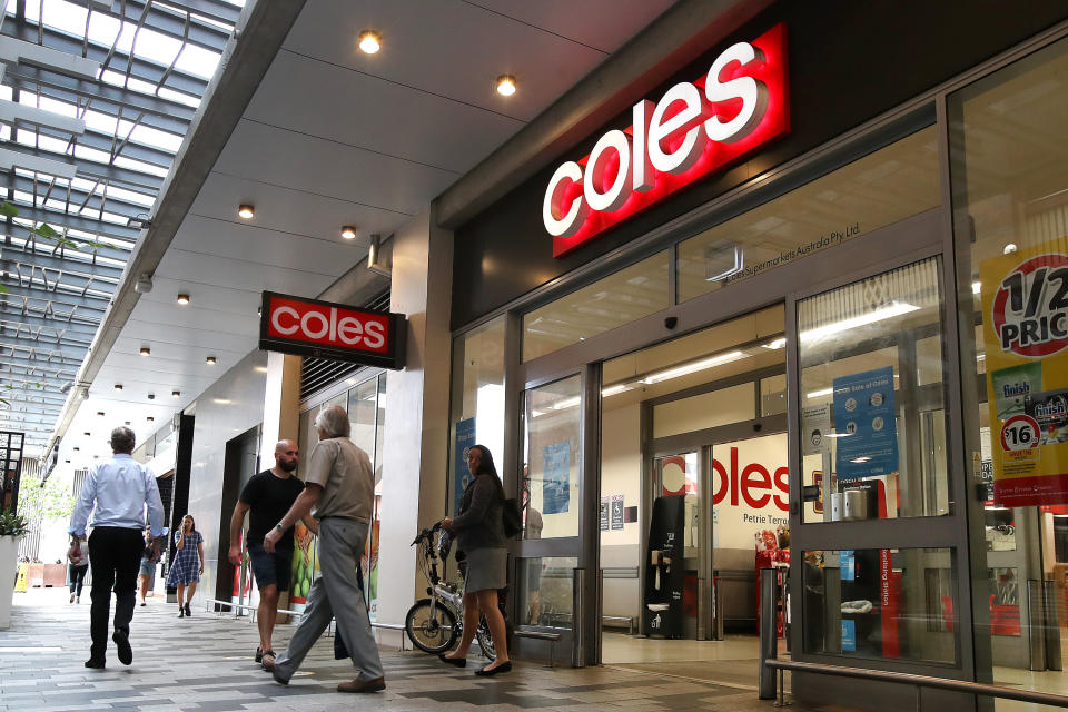 Signage for a Coles Group supermarket is seen in Brisbane, Wednesday, February 17, 2021.