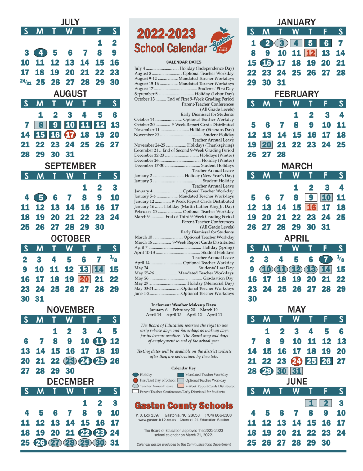 Gaston County Schools' 2022-23 calendar as approved by the school board on March 21, 2022.