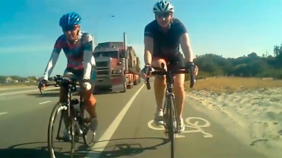 Footage shows the truck approaching as the unsuspecitng cyclists ride alongside each other. Source: Supplied