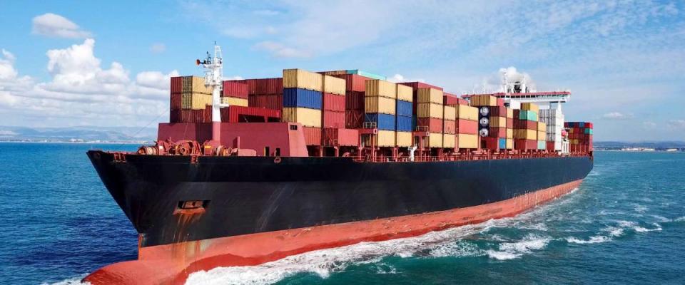 Large container ship at sea - Top down Aerial image