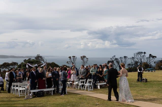 Mr Dawson walks his daughter down the aisle. Source: Getty Images