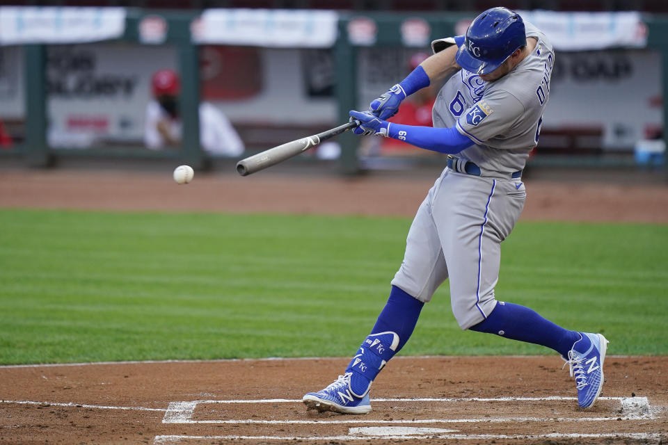 Kansas City Royals first baseman Ryan O'Hearn (66) hits a double during the second inning of a baseball game against the Cincinnati Reds at Great American Ballpark in Cincinnati, Tuesday, August 11, 2020. (AP Photo/Bryan Woolston)
