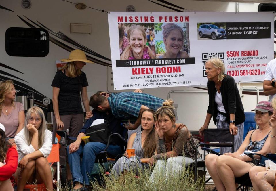 Lindsey Rodni-Nieman, center, mother of missing 16-year-old Kiely Rodni, listens to law enforcement during a press conference, Tuesday in Truckee. Authorities are searching for Kiely or her Honda CR-V after she went missing Saturday from Prosser Family Campground near Truckee.