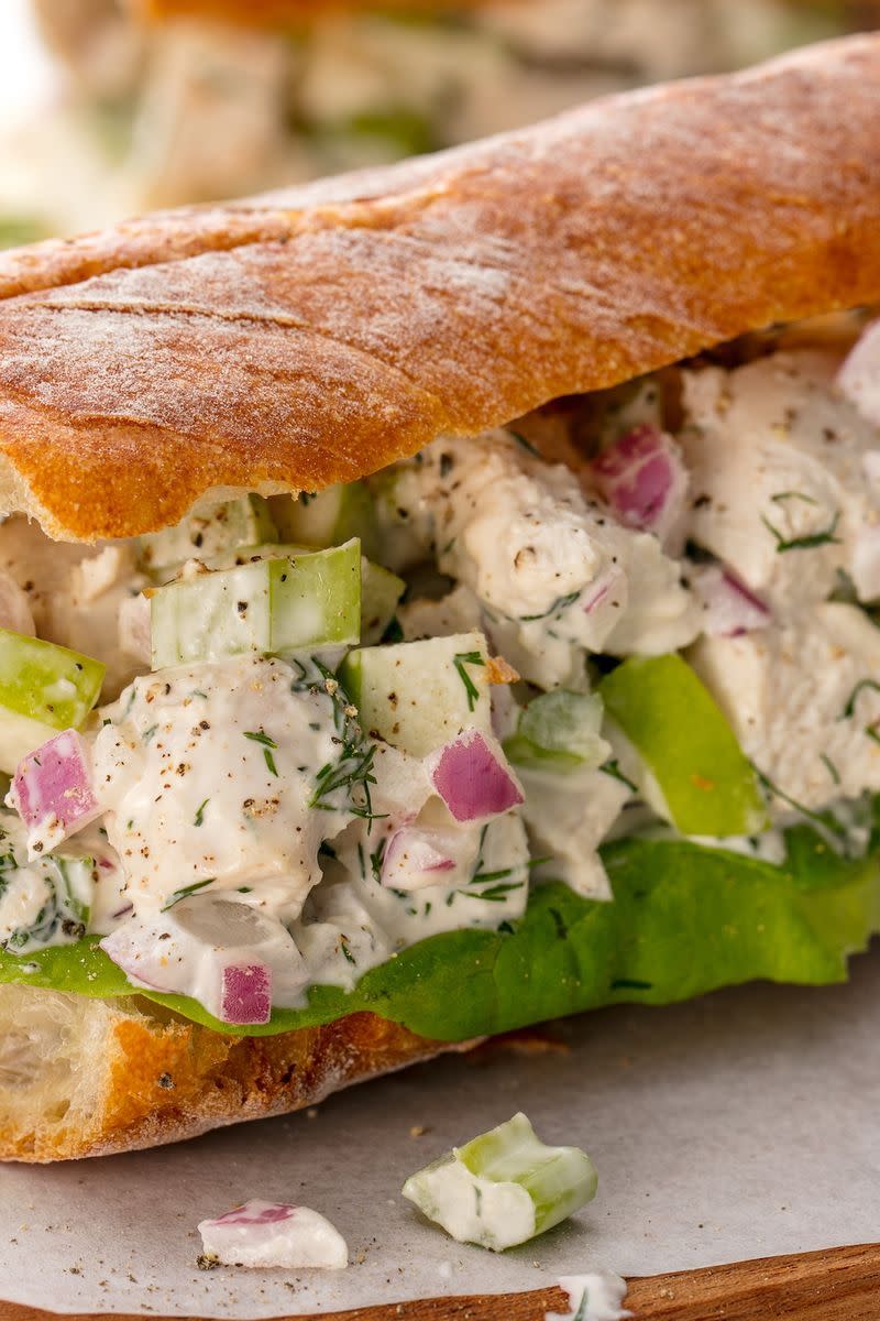 <p>This chicken salad baguette is just delicious...</p><p>Get the <a href="https://www.delish.com/uk/cooking/recipes/a32638460/best-chicken-salad-sandwich-recipe/" rel="nofollow noopener" target="_blank" data-ylk="slk:Chicken Salad Sandwich;elm:context_link;itc:0;sec:content-canvas" class="link ">Chicken Salad Sandwich</a> recipe.</p>