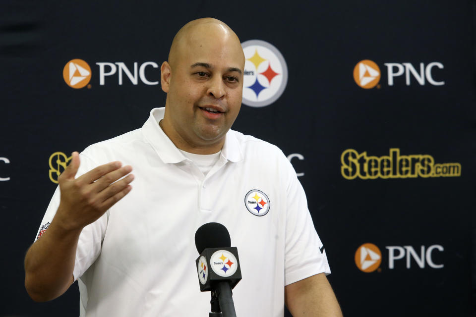 Jul 27, 2023; Latrobe, PA, USA; Pittsburgh Steelers general manager Omar Khan addresses the media prior to the start of training camp at Saint Vincent College. Mandatory Credit: Charles LeClaire-USA TODAY Sports