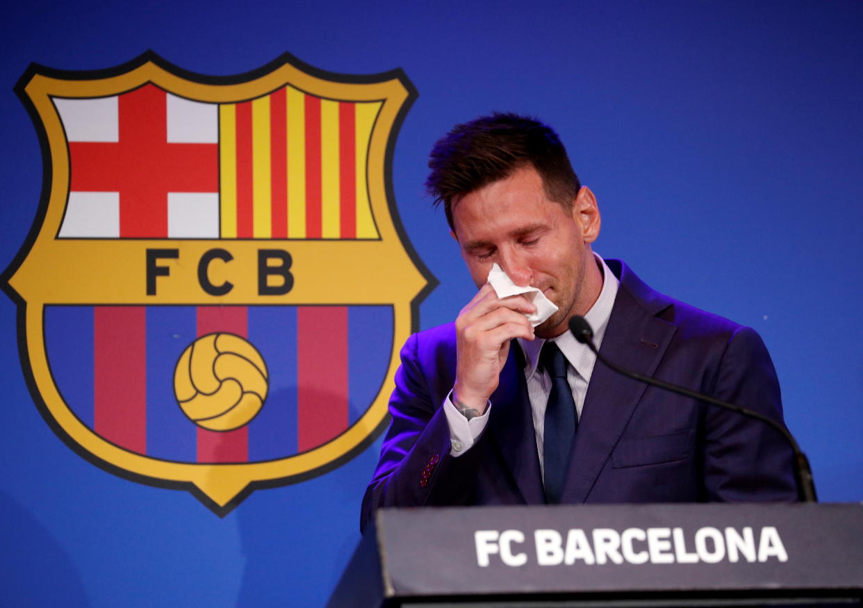 Soccer Football - Lionel Messi holds an FC Barcelona press conference - 1899 Auditorium, Camp Nou, Barcelona, Spain - August 8, 2021 Lionel Messi during the press conference REUTERS/Albert Gea     TPX IMAGES OF THE DAY