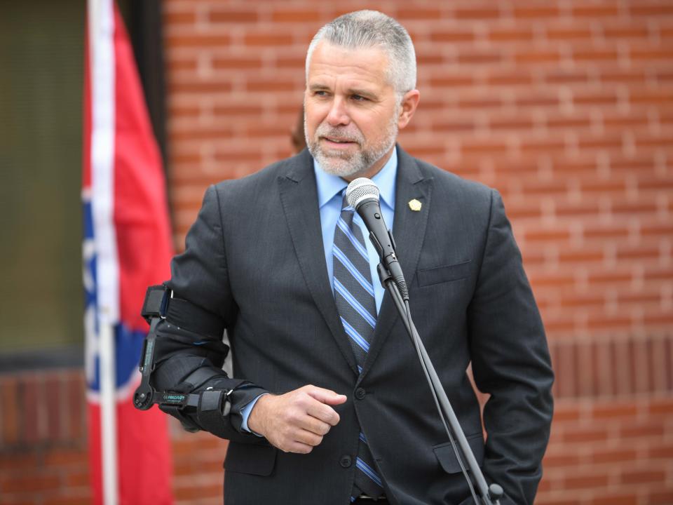 Madison County Sheriff Julian Wiser speaks during the opening of the 'Reflection Garden' at J. Alexander Leech Criminal Justice Complex in Jackson, Tenn., on Wednesday, Jan. 3, 2024.