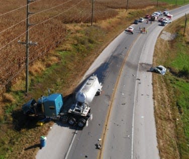 An aerial view of the scene of a fatal wreck along Indiana 37 in Orange County, Indiana.