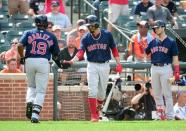 Aug 11, 2018; Baltimore, MD, USA; Boston Red Sox outfielder Jackie Bradley Jr. (19) is congratulated by outfielders Mookie Betts (50) and Andrew Benintendi (16) after hitting a home run in the ninth inning against the Baltimore Orioles at Oriole Park at Camden Yards. Mandatory Credit: Evan Habeeb-USA TODAY Sports