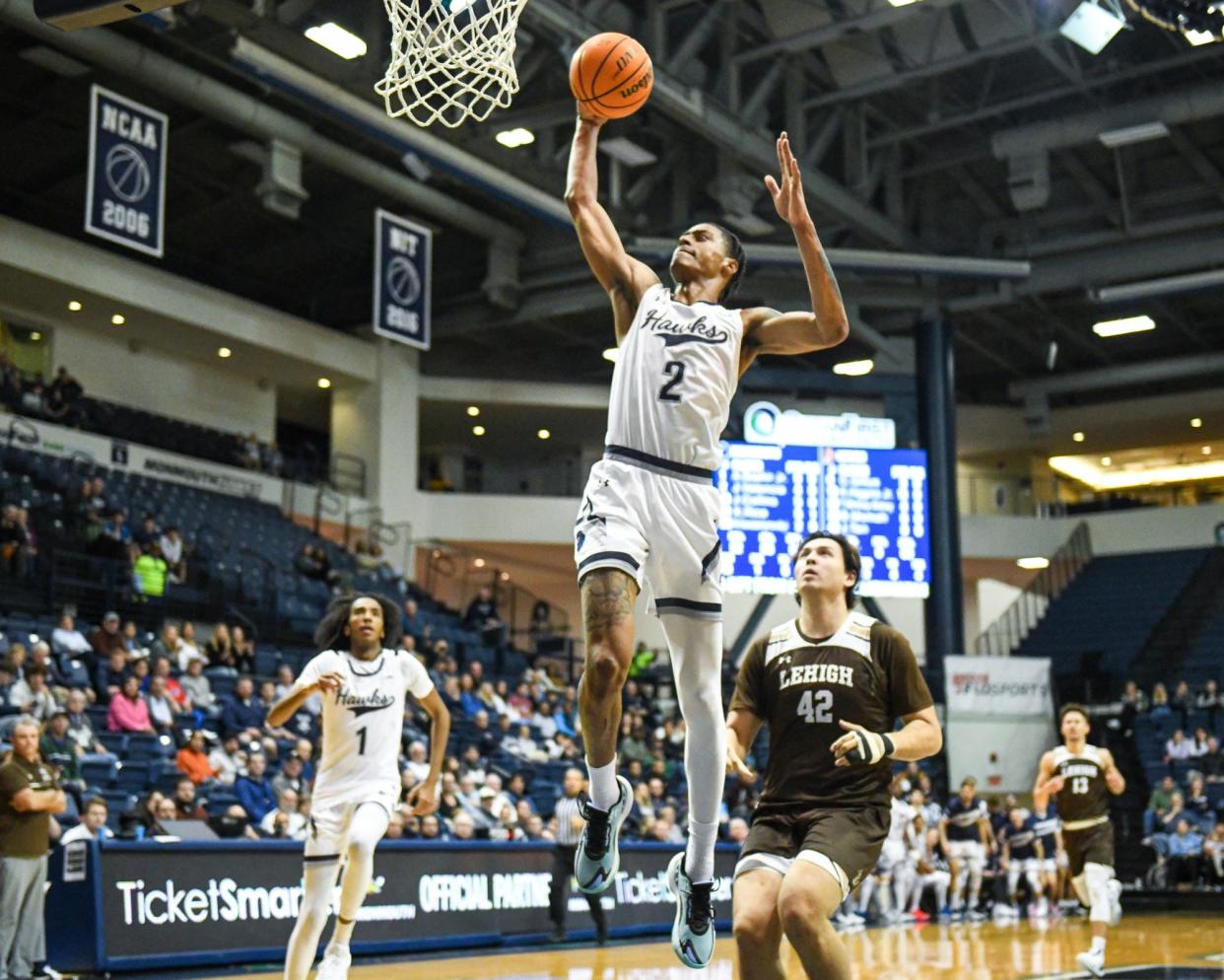 Monmouth's Jaret Valencia goes up for a dunk against Lehigh on Nov. 21, 2023 in West Long Branch, N.J.
(Credit: Monmouth Athletics)