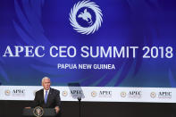 U.S. Vice President Mike Pence speaks at the APEC CEO Summit 2018 in Port Moresby, Papua New Guinea, Saturday, Nov. 17, 2018. (Fazry Ismail/Pool Photo via AP)