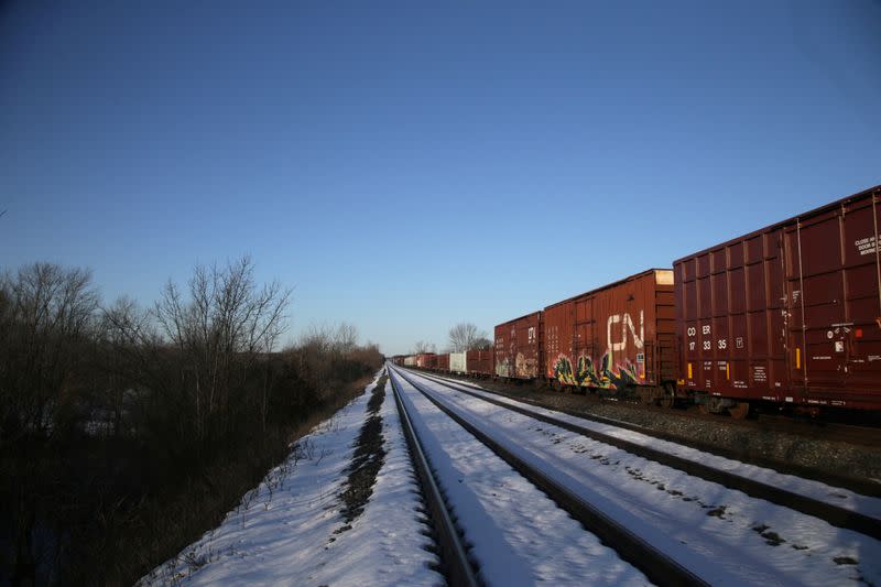 Canadian National Railway (CN Rail) freight train remains halted near a Tyendinaga Mohawk Territory camp