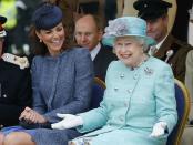 <p>Kate and the Queen share a laugh at Vernon Park in Nottingham.<em> [Photo: PA]</em> </p>