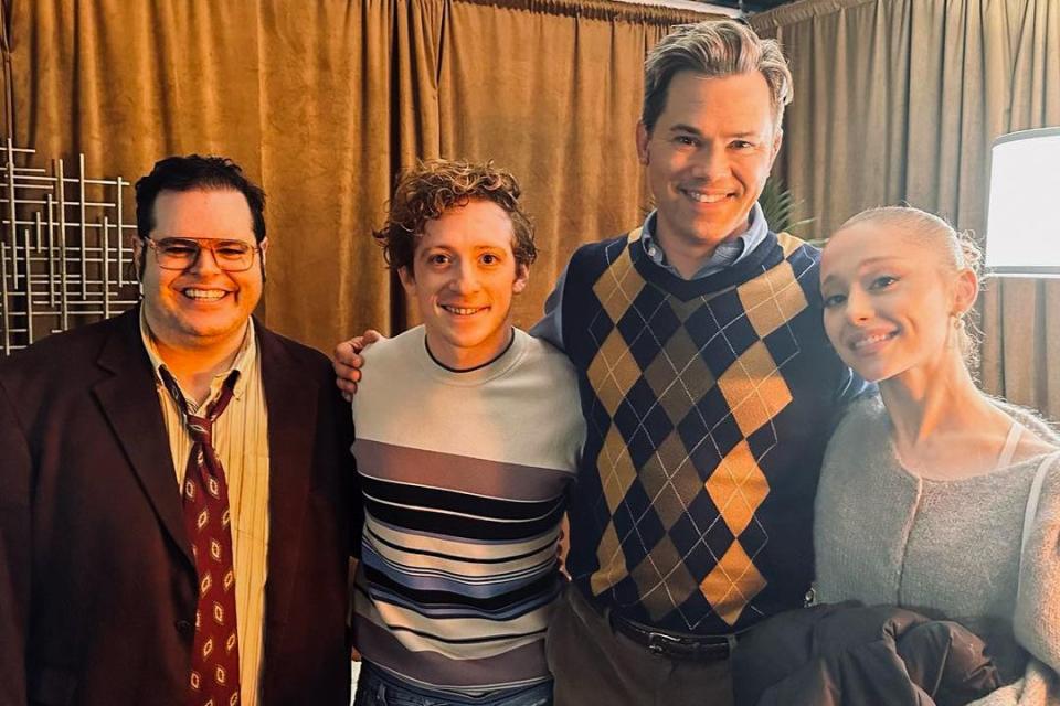 <p>Andrew Rannells/ Instagram</p> Josh Gad, Ethan Slater, Andrew Rannells and Ariana Grande