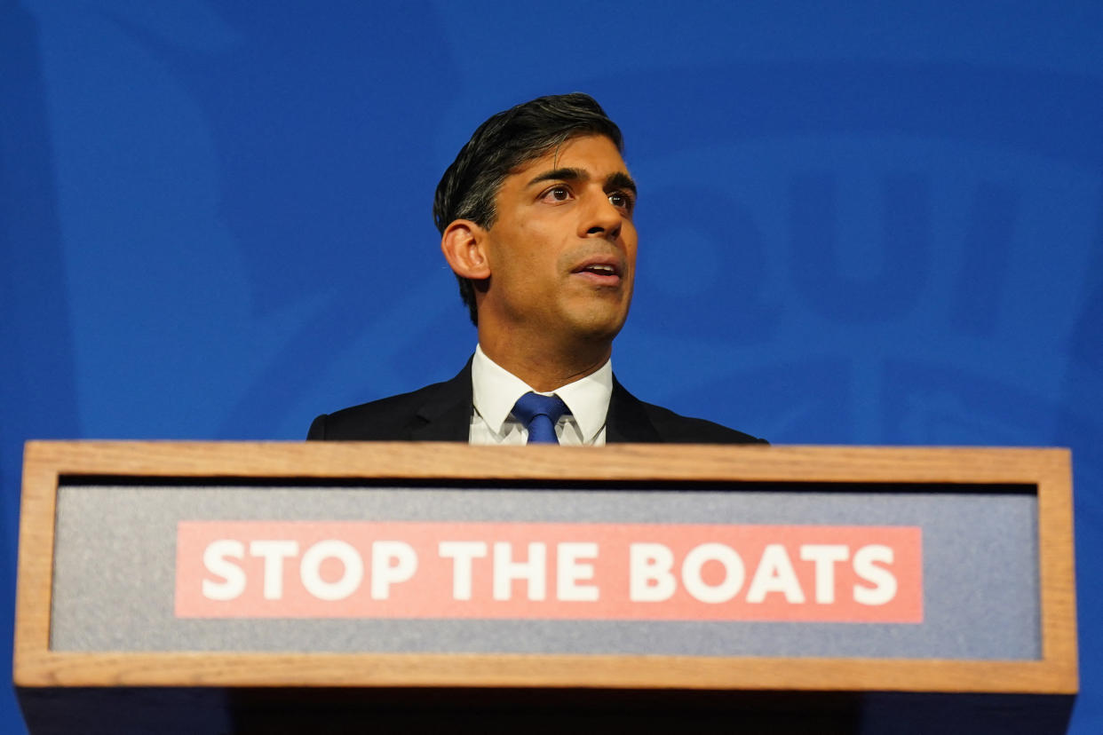 Britain's Prime Minister Rishi Sunak hosts a press conference inside the Downing Street Briefing Room, in central London, on December 7, 2023, after Britain and Rwanda sign a new treaty to transfer illegal migrants to the African country. Britain and Rwanda signed a new treaty on Tuesday in a bid to revive a controversial proposal by London to transfer migrants to the East African country that was blocked by the UK courts. The agreement, which UK Prime Minister Rishi Sunak says is crucial to achieve his pledge of slashing irregular migration before a general election expected next year, was signed in Kigali. (Photo by James Manning / POOL / AFP) (Photo by JAMES MANNING/POOL/AFP via Getty Images)