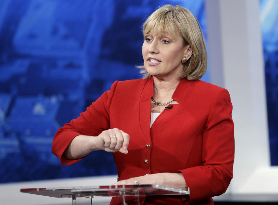 FILE- In this May 18, 2017 file photo, New Jersey Lt. Gov. Kim Guadagno speaks during a Republican gubernatorial primary debate in Newark, N.J. New Jersey voters are heading to the polls to pick their candidates to succeed Republican Gov. Chris Christie on Tuesday, June 6. (AP Photo/Julio Cortez, Pool, File)