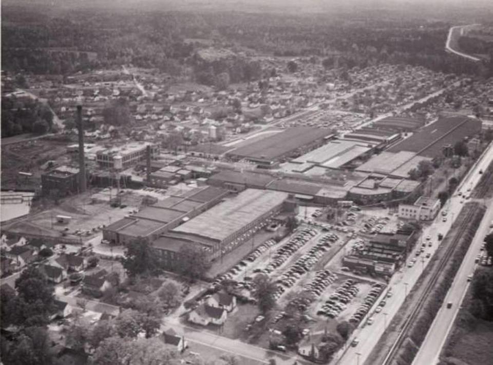 An aerial image of the Mooresville Cotton Mills Plant shows many of the buildings in the 1950s.