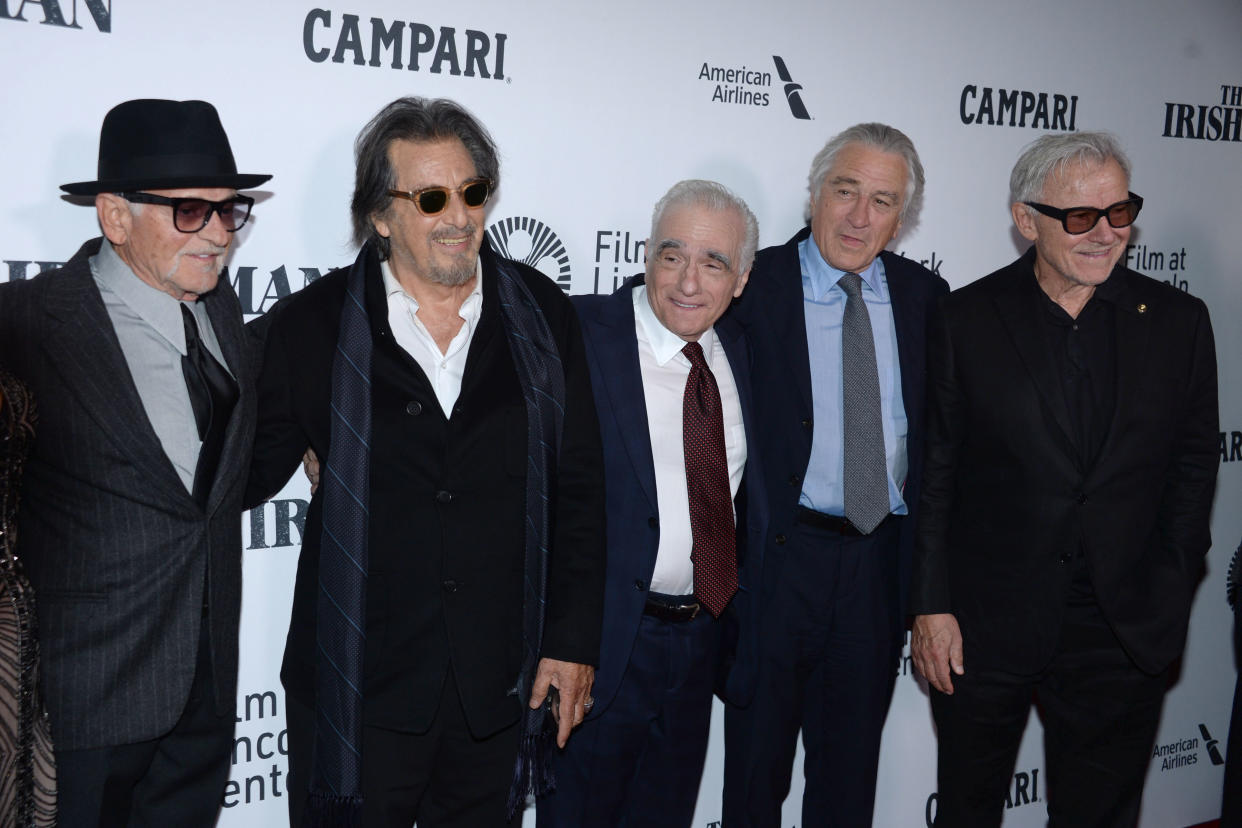 NEW YORK, NEW YORK - SEPTEMBER 27: Joe Pesci, Al Pacino, Martin Scorsese, Robert De Niro and Harvey Keitel attend NYFF57 Opening Night Gala Presentation & World Premiere of "The Irishman" on September 27, 2019 at Alice Tully Hall, Lincoln Center in New York City. (Photo by Paul Bruinooge/Patrick McMullan via Getty Images)