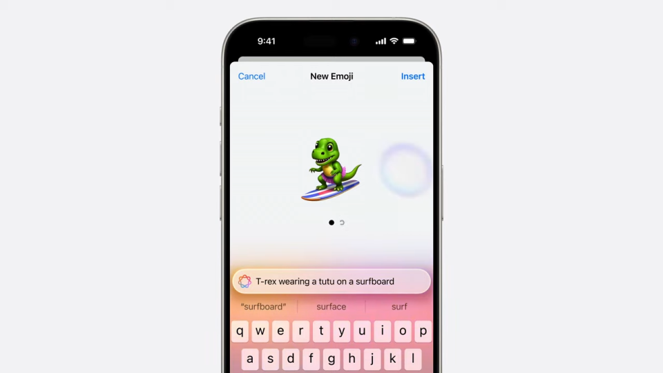 An example of using Apple Intelligence to make a custom emoji (called a Genmoji) of a T-Rex wearing a tute on a surfboard. 