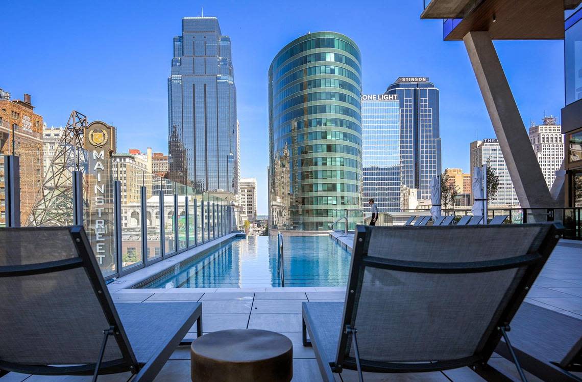 The infinity-edge pool and outdoor deck area at the new, Three Light Luxury Apartments on Wednesday, Sept. 13, 2023, in Kansas City. Residents are now moving into the 25-story residential building in downtown Kansas City.