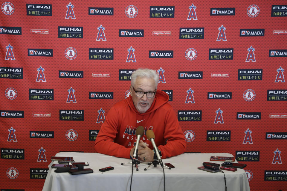 Los Angeles Angels manager Joe Maddon speaks during a news conference at the spring training baseball facility, Tuesday, Feb. 11, 2020, in Tempe, Ariz. (AP Photo/Darron Cummings)