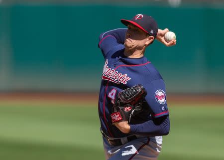 Sep 23, 2018; Oakland, CA, USA; Minnesota Twins starting pitcher Kyle Gibson (44) delivers a pitch to the Oakland Athletics during the first inning at Oakland Coliseum. Mandatory Credit: Neville E. Guard-USA TODAY Sports