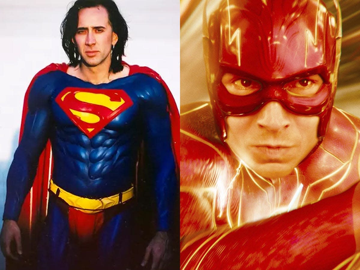 Nicolas Cage in the "Superman Lives" costume and Ezra Miller as Barry Allen in "The Flash."