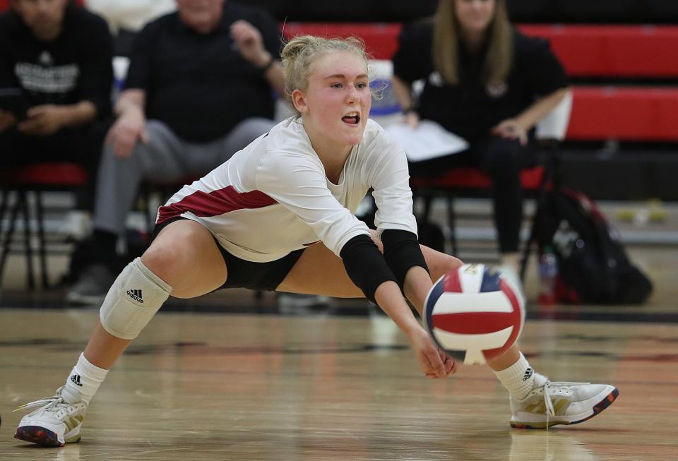 Assumption’s Kristen Simon just misses the dig against Notre Dame.Nov. 4, 2022