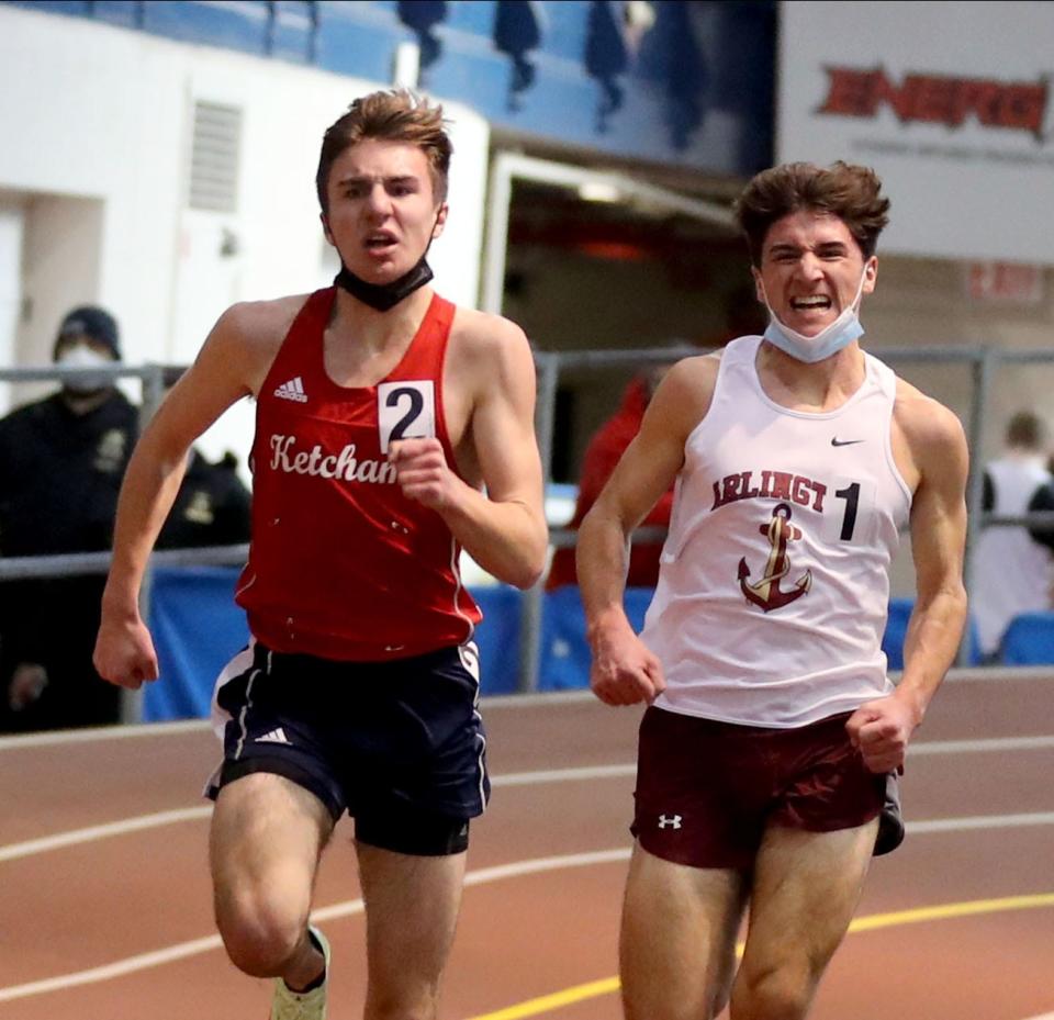 Connor Hitt of R.C. Ketcham, left, edged out Michael D'Orazio of Arlington to win the boys 3,200-meter race at the Northern Counties Indoor Track and Field Championships at the New Balance Armory in Manhattan Jan. 23, 2022.