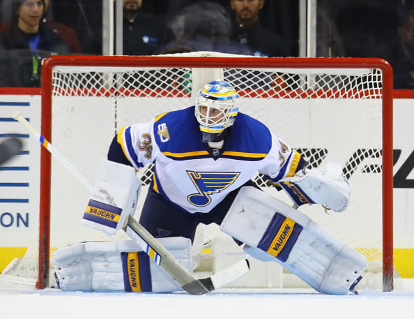 NEW YORK, NY - DECEMBER 08: Jake Allen #34 of the St. Louis Blues skates against the New York Islanders at the Barclays Center on December 8, 2016 in the Brooklyn borough of New York City. The Islanders defeated the Blues 3-2. (Photo by Bruce Bennett/Getty Images)