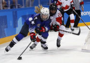 Monique Lamoureux-Morando of the U.S. and Emily Clark of Canada in action. REUTERS/Grigory Dukor