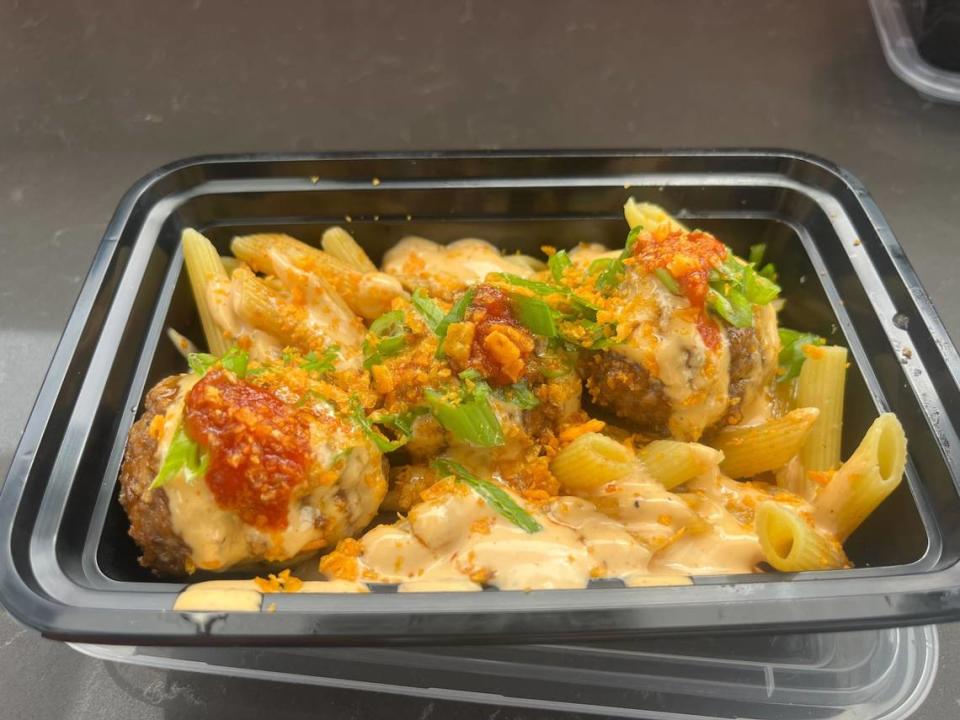The “Wax On, Wax Off” meatball sampler on penne pasta at Oh Balls! food truck in Fort Worth on April 18, 2024. The dish is a favorite of Kent Scroggins, co-owner and chef.