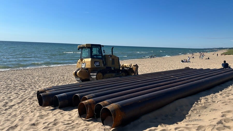 Preparations for dredging at Oval Beach on June 9, 2024.